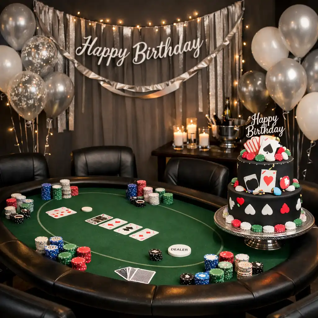 Urodzinowy turniej pokerowy – świątecznie udekorowany stół z tortem i żetonami