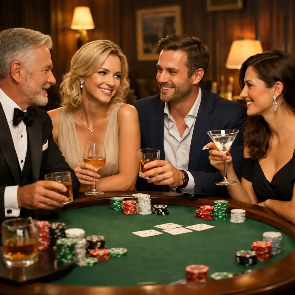 Wieczór pokerowy dla klubu biznesu – elegancko ubrani goście przy stole w kameralnej atmosferze