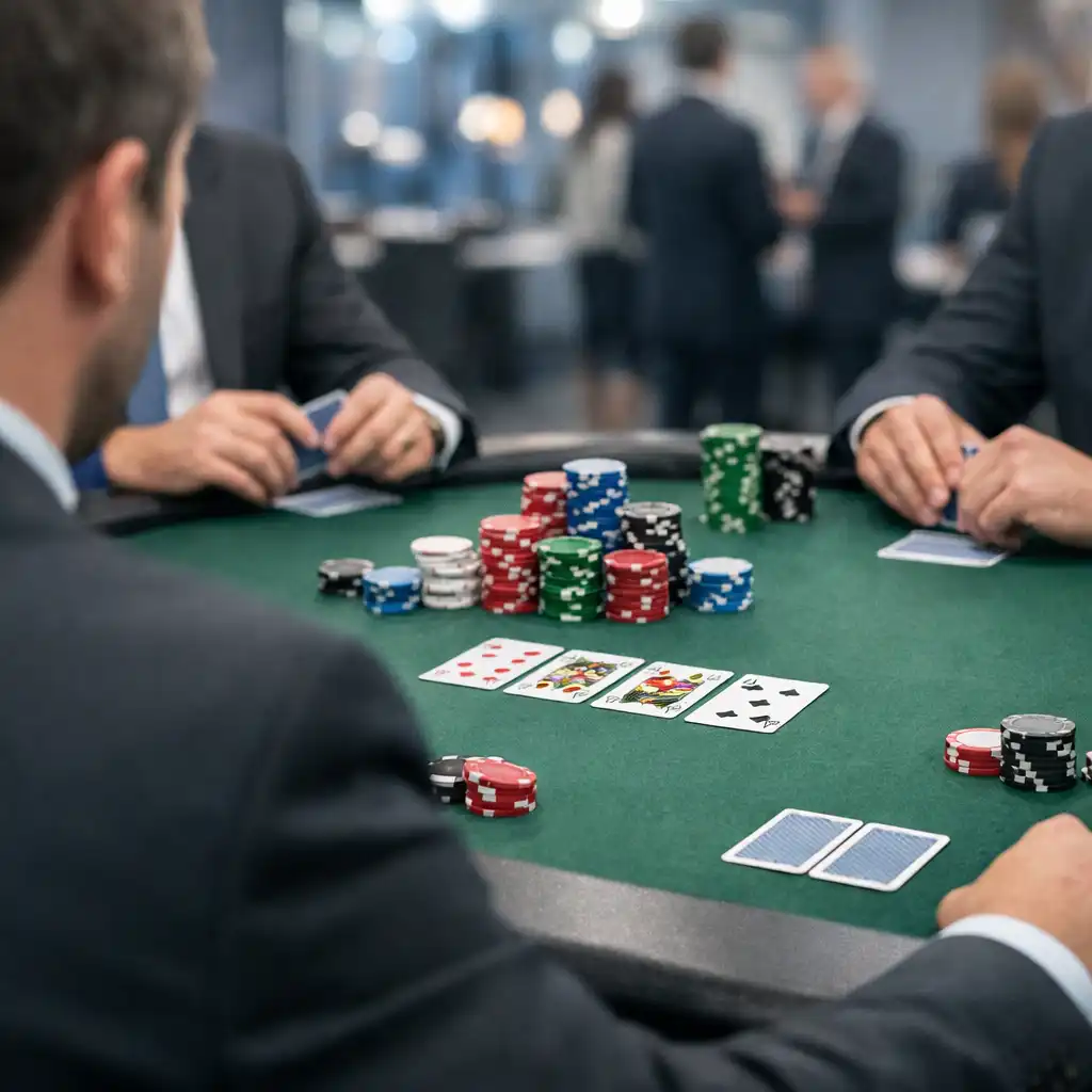 Turniej pokerowy dla firmy TechCorp – profesjonaliści w eleganckich strojach przy stole pokerowym
