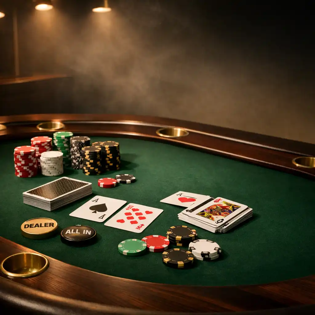 Elegancki stół pokerowy z zielonym suknem, profesjonalnymi żetonami i kartami w kameralnym wnętrzu
