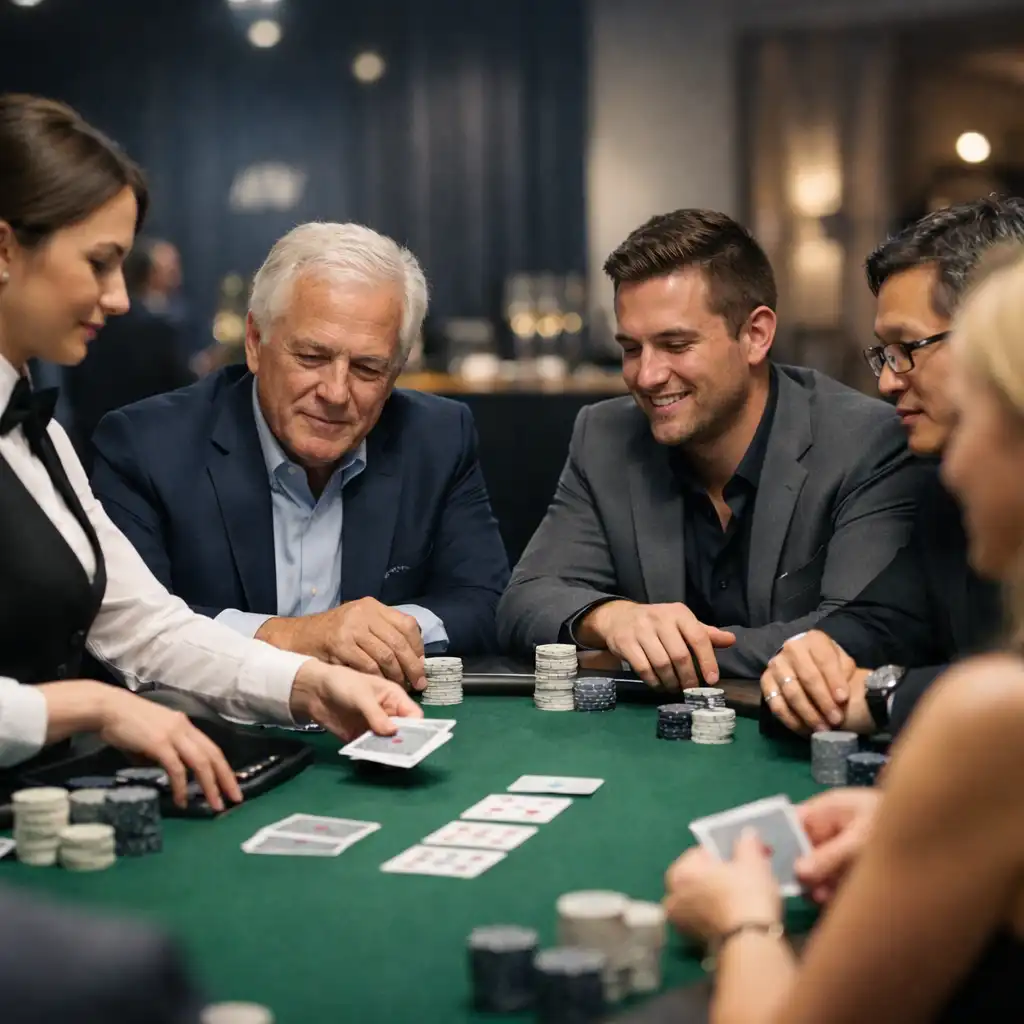 Prywatne wydarzenie pokerowe w trakcie gry, z profesjonalnym krupierem i zaangażowanymi graczami
