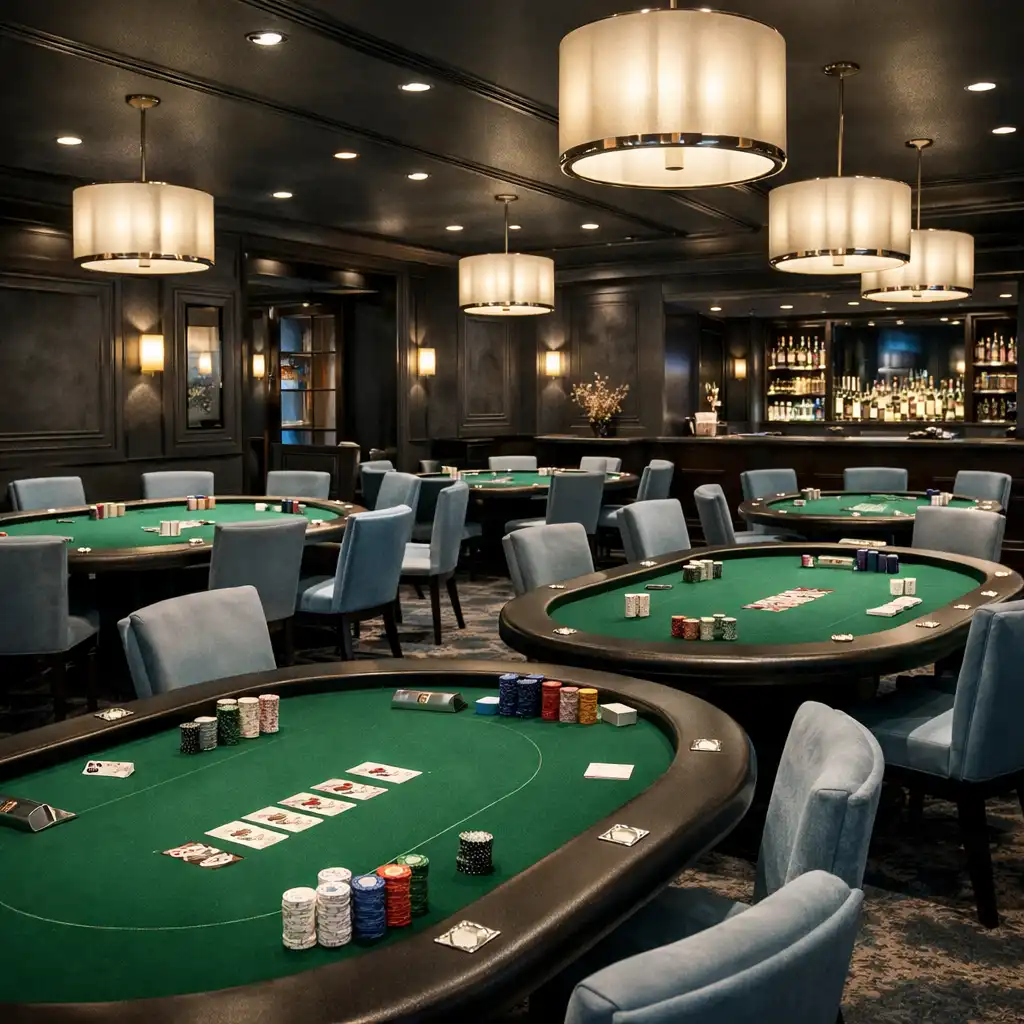 Elegancki salon pokerowy z wieloma stołami, nastrojowym oświetleniem i stylowym wystrojem