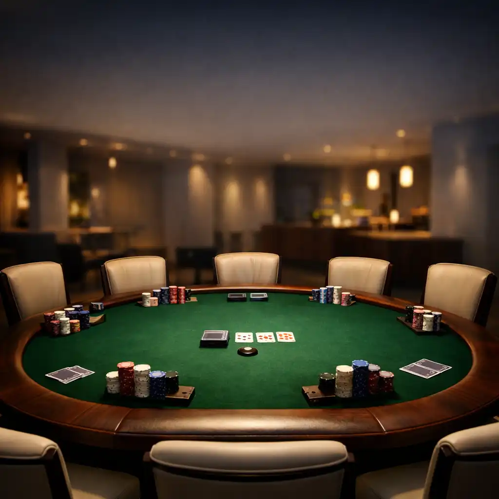Elegancki prywatny stół pokerowy w nowoczesnej, minimalistycznej przestrzeni eventowej