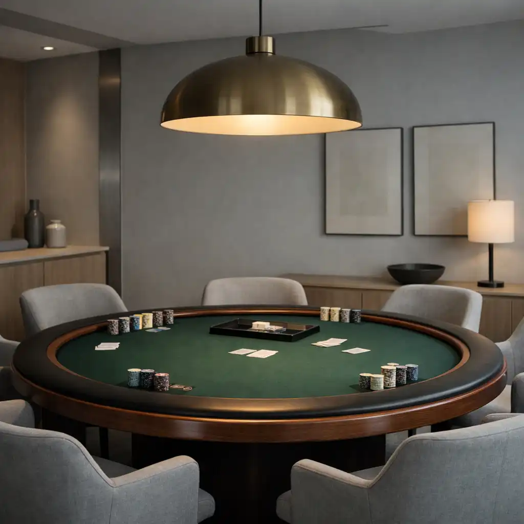Elegancki stół pokerowy w nowoczesnym, minimalistycznym wnętrzu z subtelnym oświetleniem