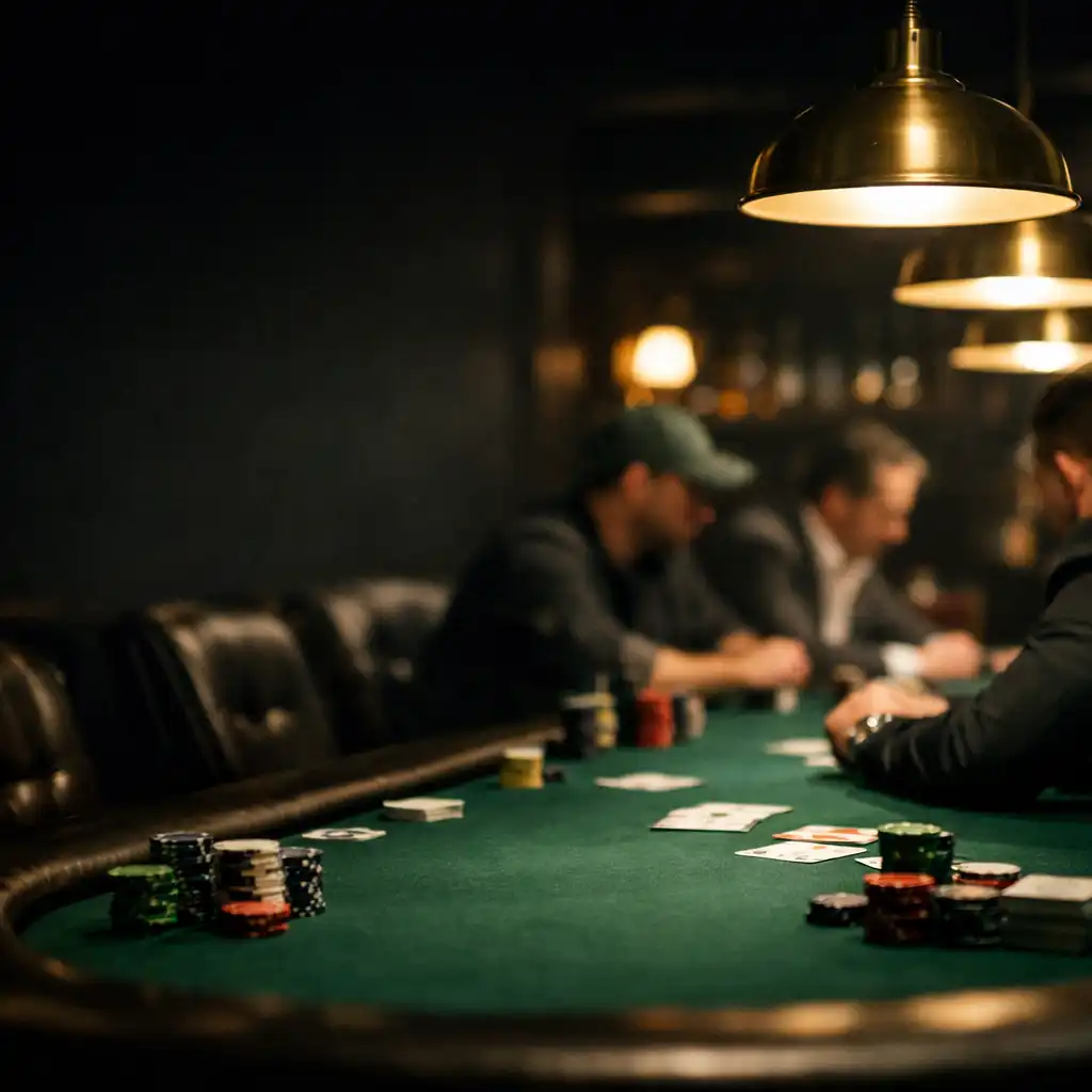 Kameralny card lounge z profesjonalnymi stołami pokerowymi i skórzanymi fotelami