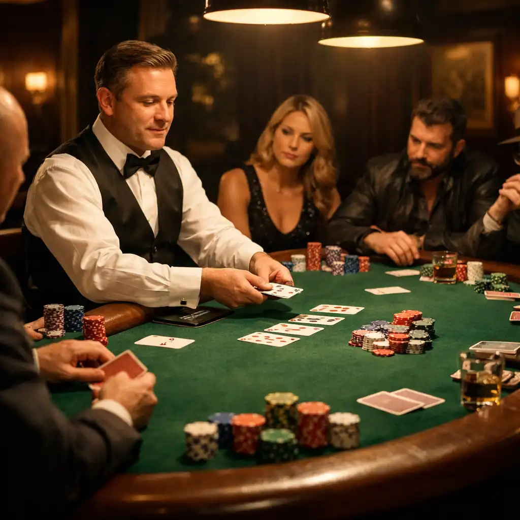 Prywatny salon pokerowy z profesjonalnym stołem, żetonami i krupierem