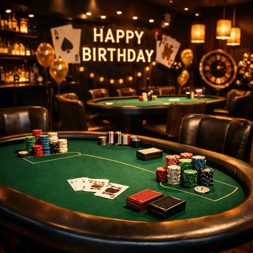 Stylowy stół pokerowy z żetonami podczas przyjęcia urodzinowego w klimacie casino night